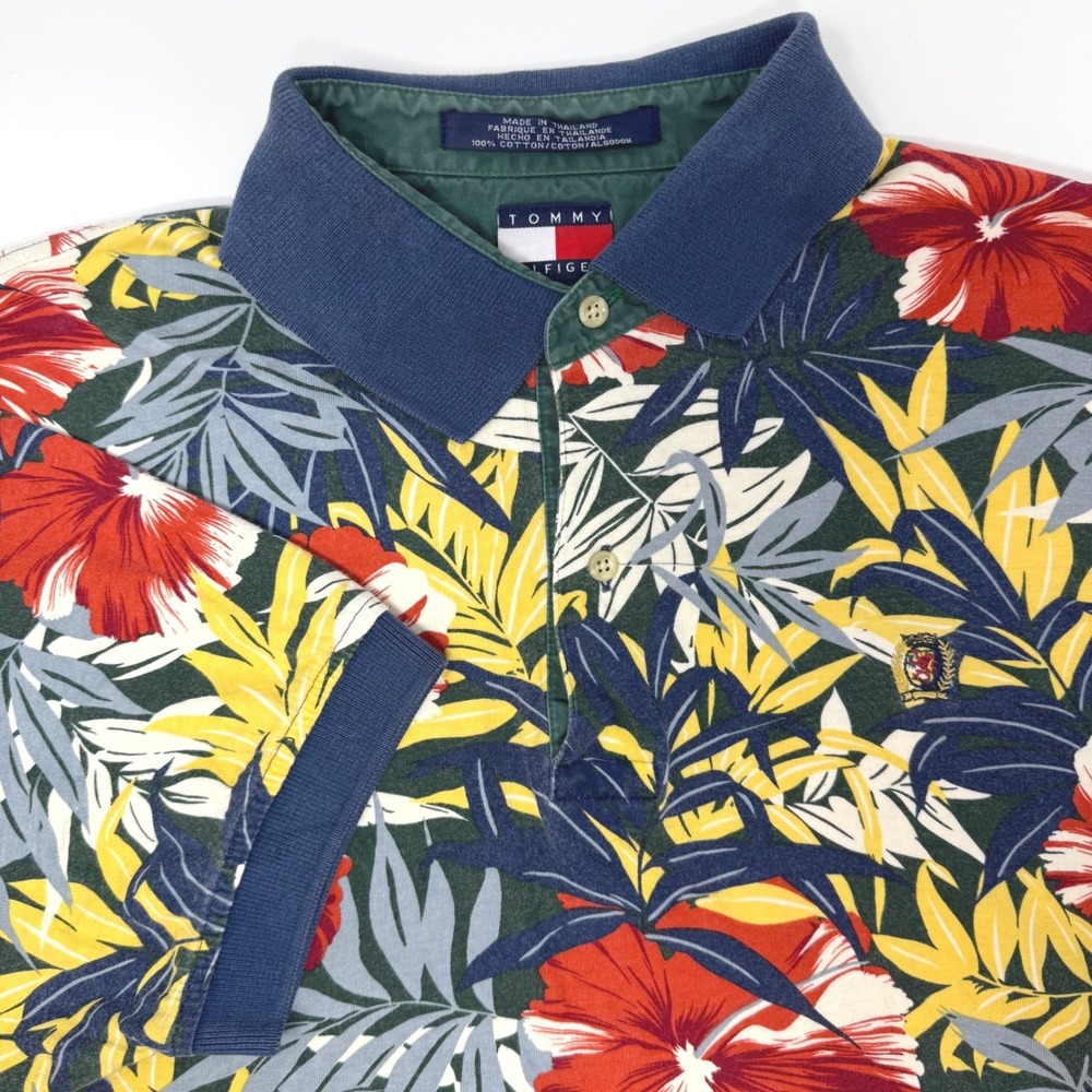 Tommy Hilfiger Mens Large Tropical Hibiscus Floral Polo Shirt Green Red